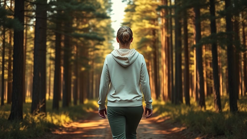 Woman walking peacefully through a sunlit forest experiencing stress relief and mental clarity