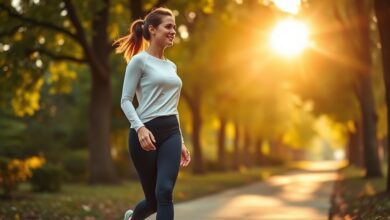 Woman experiencing daily walking benefits for health and mood on a sunny park trail