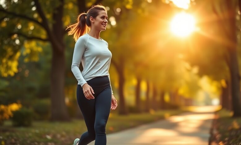 Woman experiencing daily walking benefits for health and mood on a sunny park trail