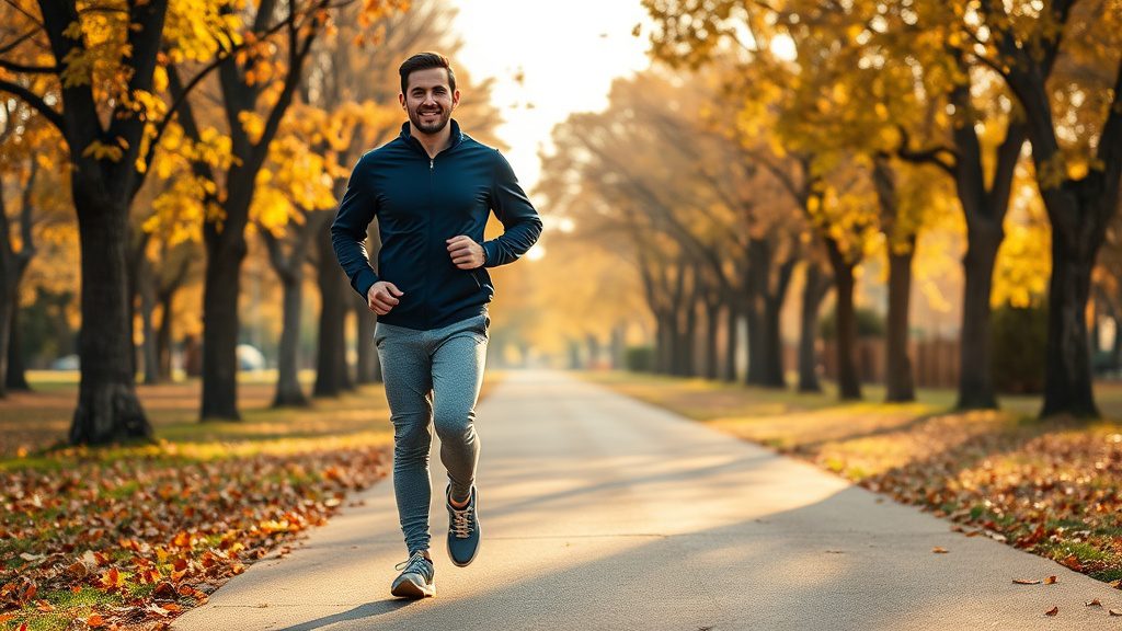 Man walking briskly on a tree-lined park path for stress relief