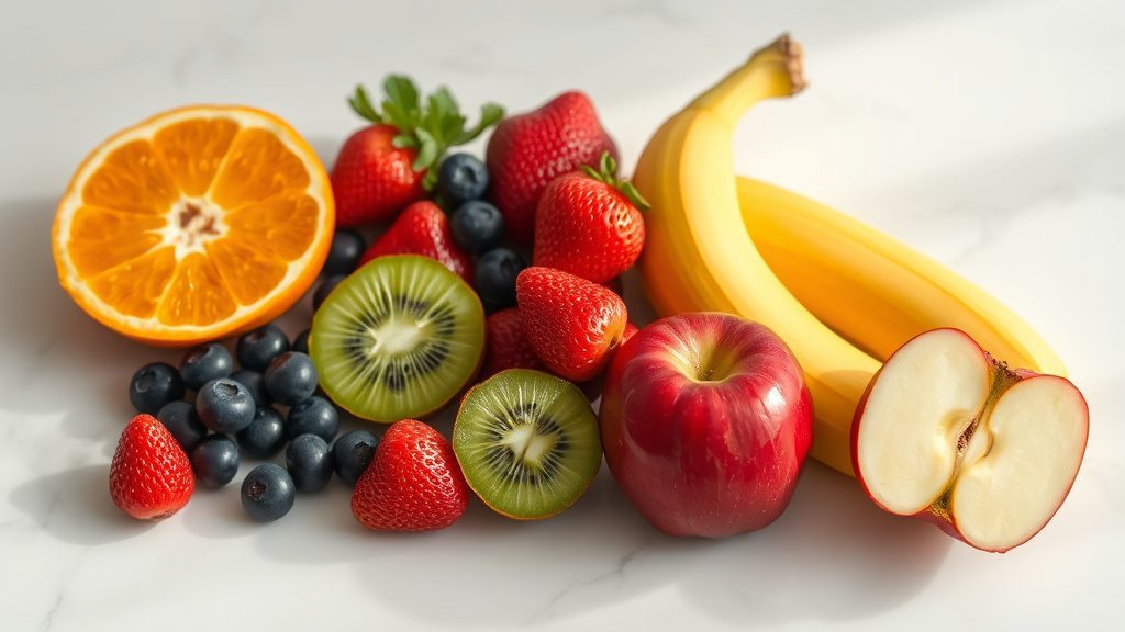 A colorful close-up arrangement of citrus, berries, kiwi, and apple rich in vitamin C and antioxidants