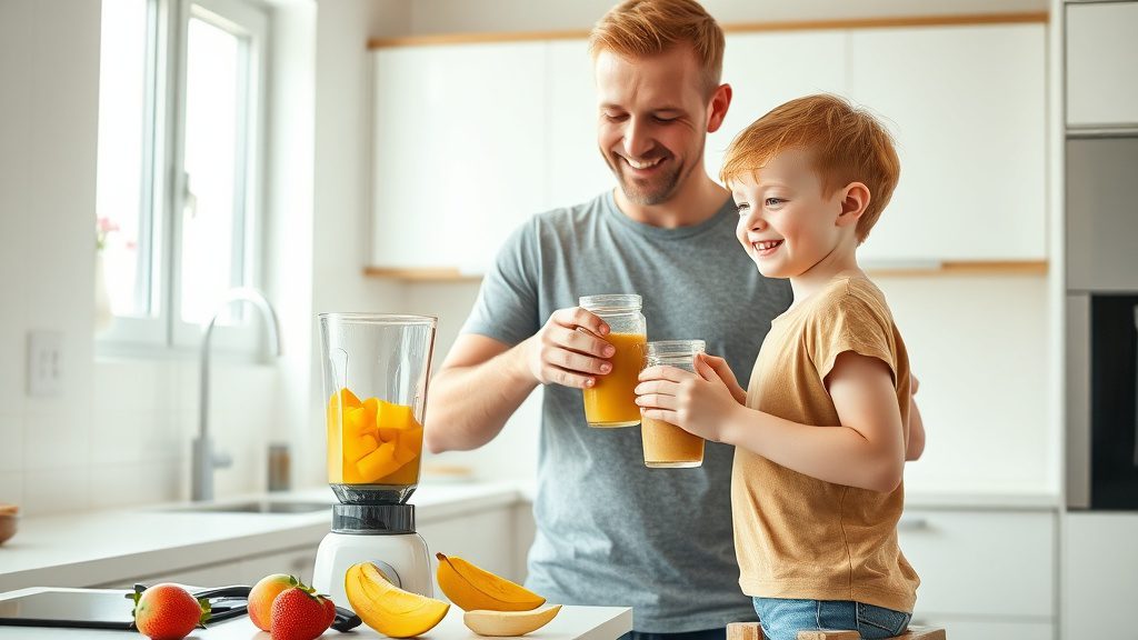 A father and child preparing a fruit smoothie together in a bright modern kitchen