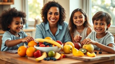 A mother and children enjoying fruits that boost immunity in children at a bright kitchen table