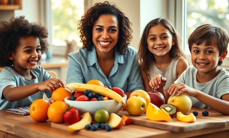 A mother and children enjoying fruits that boost immunity in children at a bright kitchen table