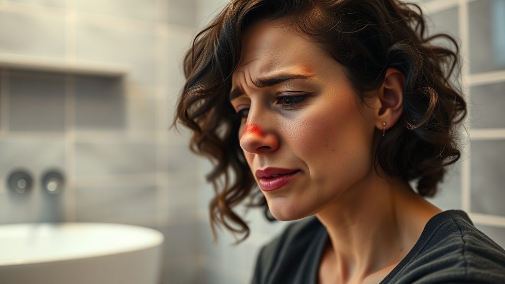 Woman experiencing nasal irritation and redness after exposure to a harsh irritant