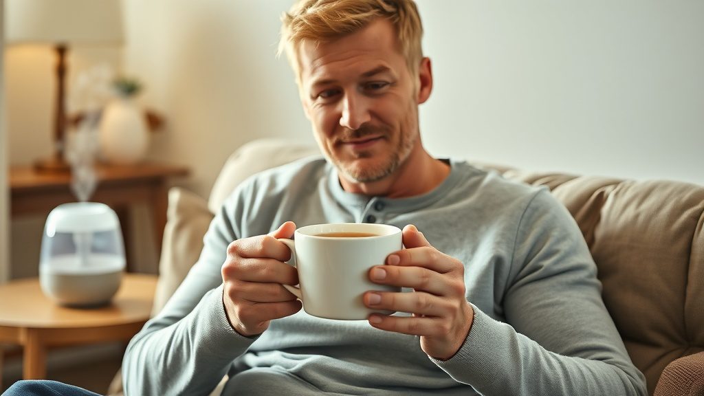 Man resting at home drinking herbal tea beside a humidifier for congestion relief