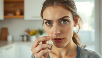 Woman hesitating before trying the garlic in nose congestion remedy at home