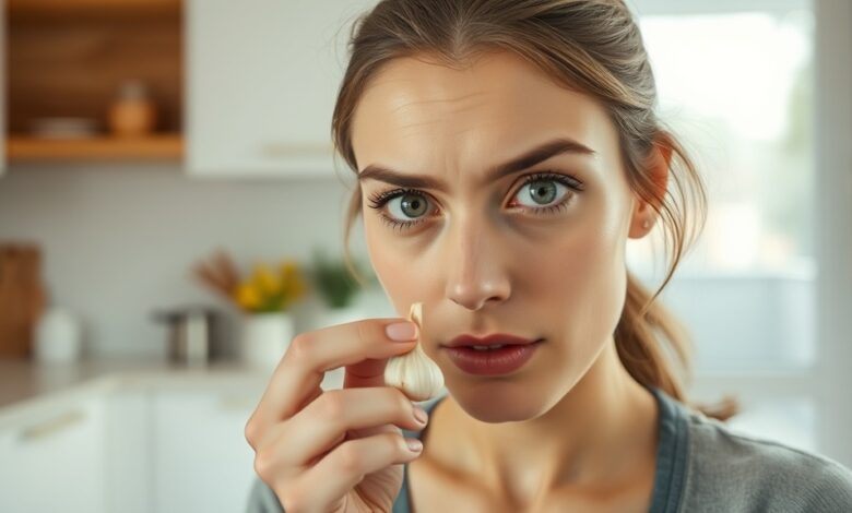 Woman hesitating before trying the garlic in nose congestion remedy at home