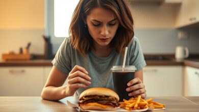 Young woman reflecting on the harmful effects of fast food at her kitchen table