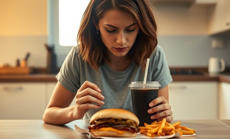 Young woman reflecting on the harmful effects of fast food at her kitchen table