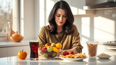 Woman considering the harmful effects of sugar on humans at her kitchen counter