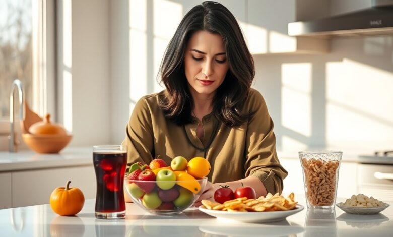 Woman considering the harmful effects of sugar on humans at her kitchen counter