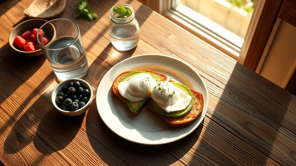 Balanced breakfast with eggs avocado toast and fresh berries on wooden table
