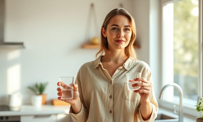 Woman starting her healthy daily routine with morning hydration by sunlit window