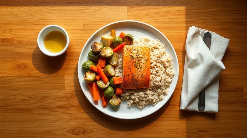 Balanced plate with roasted vegetables, grilled salmon, and quinoa on wooden table