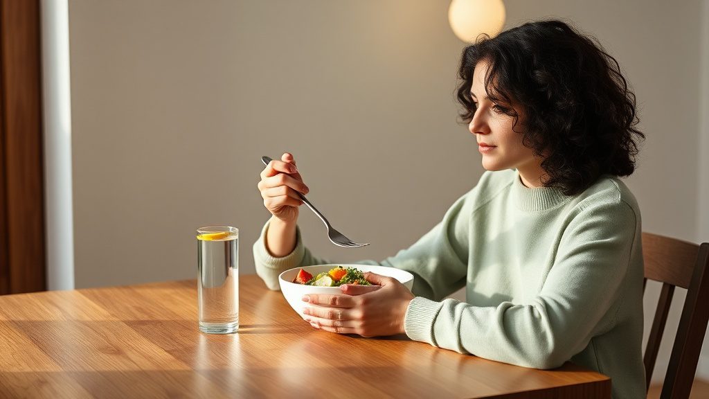 Young woman practicing mindful eating at a calm dining table without digital distractions