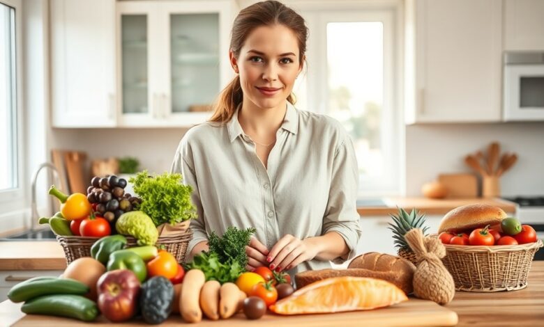 Woman practicing healthy eating habits by preparing fresh vegetables in a modern sunlit kitchen
