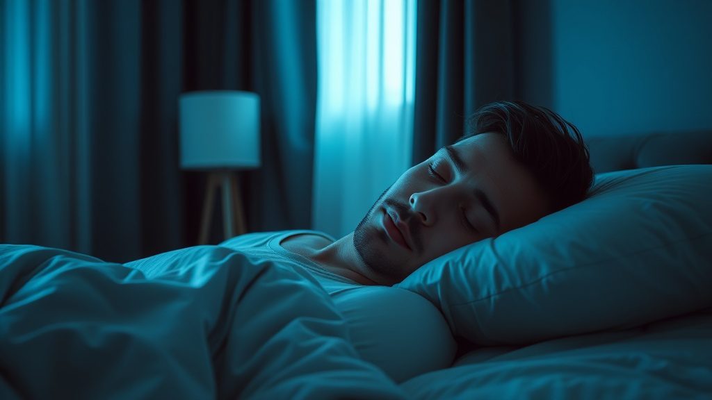 Man sleeping peacefully in cool dark bedroom for restorative immune health