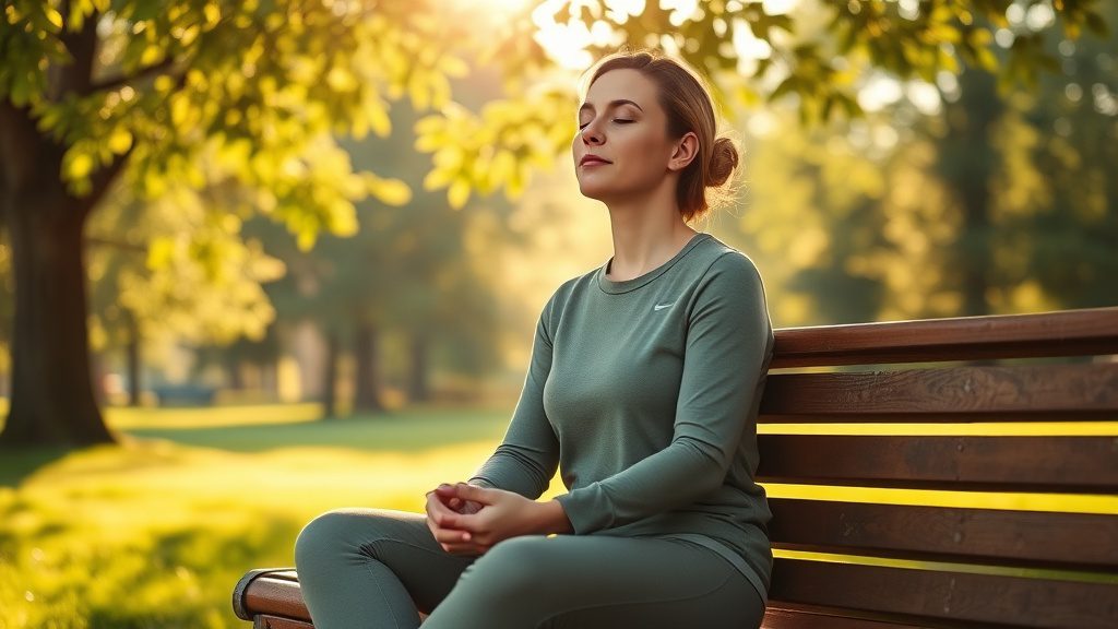 Woman meditating outdoors in morning sunlight to reduce stress and support immunity