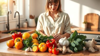 Healthy woman practicing immune system boost daily habits with fresh produce in morning light
