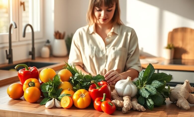 Healthy woman practicing immune system boost daily habits with fresh produce in morning light