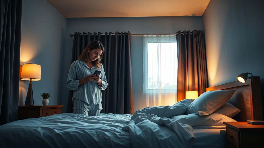 Woman dimming lights and setting phone aside for healthy sleep hygiene