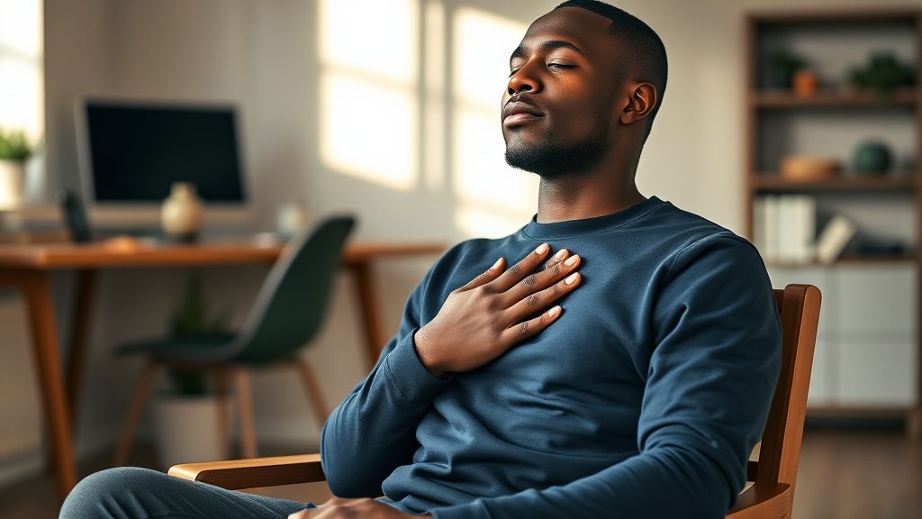 Young man practicing slow deep breathing to activate his body's relaxation response