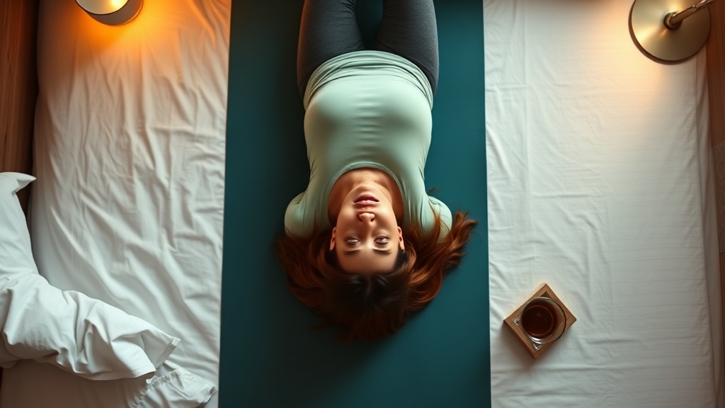 Woman lying on a yoga mat performing a body scan meditation before bedtime