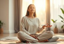 Woman practicing meditation for anxiety and stress relief during a quiet morning session