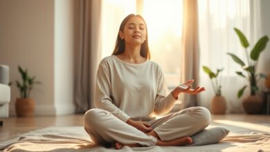 Woman practicing meditation for anxiety and stress relief during a quiet morning session