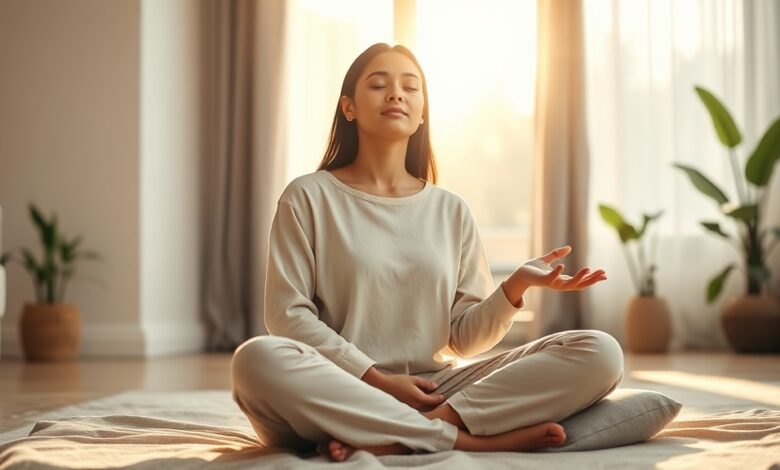 Woman practicing meditation for anxiety and stress relief during a quiet morning session