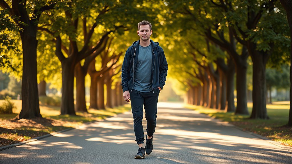 Man taking a mindful morning walk through a sunlit park path