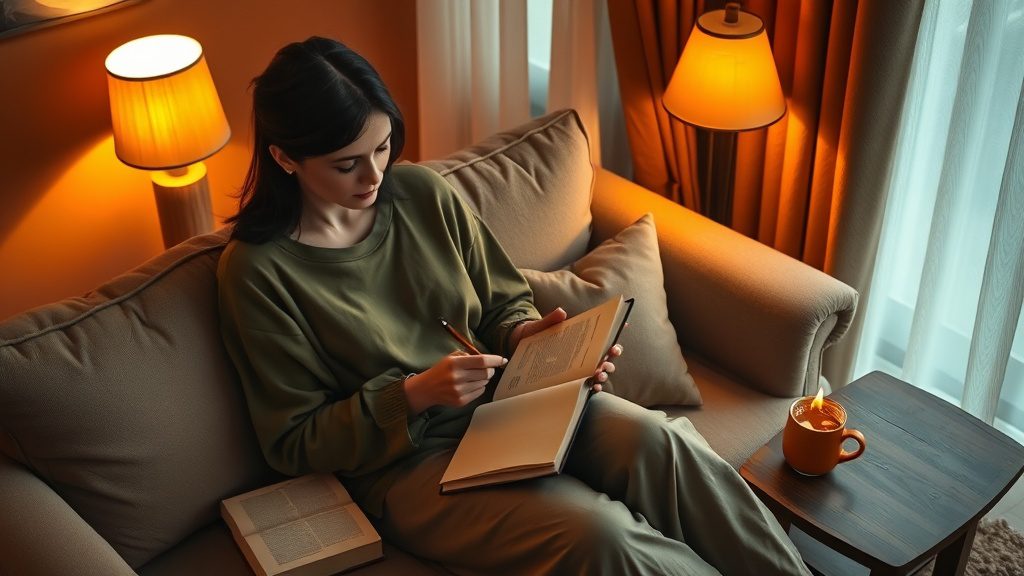 Woman journaling during a calming evening wind-down routine at home