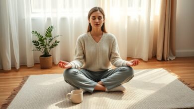Woman practicing mental health self care daily habits with morning mindfulness meditation at home