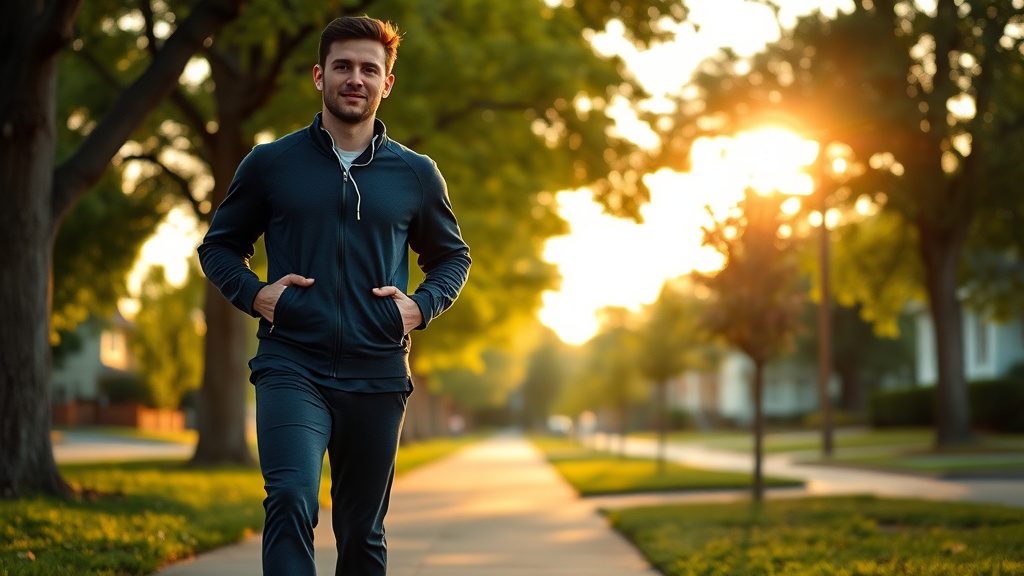 Man enjoying a short post-dinner walk outdoors to support digestion and calorie burn