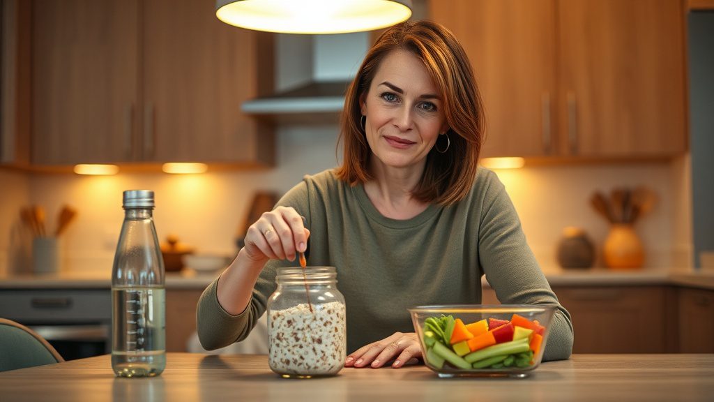 Woman prepping healthy ingredients in the evening to support her weight loss routine