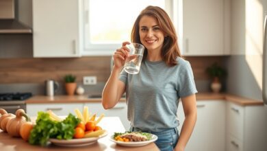 Woman practicing microhabits for weight loss by drinking water before a healthy meal