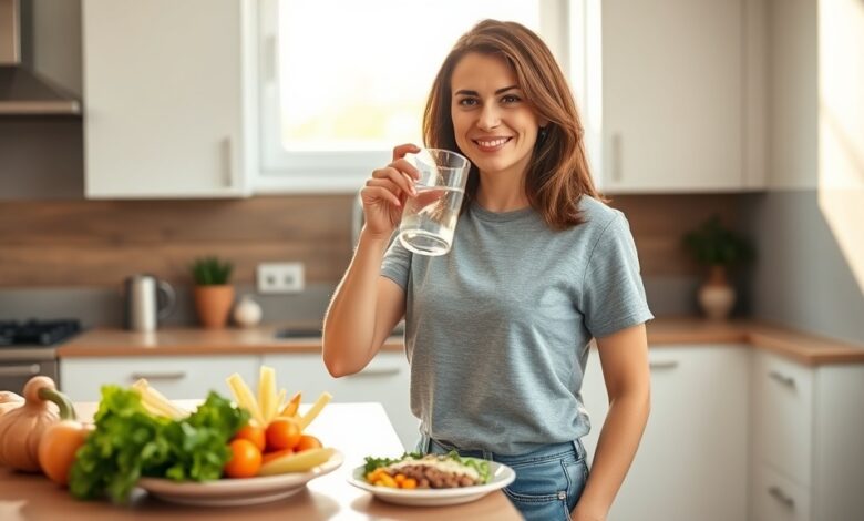 Woman practicing microhabits for weight loss by drinking water before a healthy meal