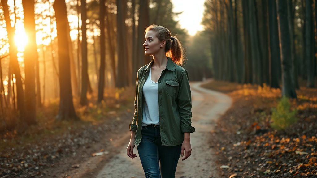 Person walking mindfully along a peaceful forest path in golden sunlight