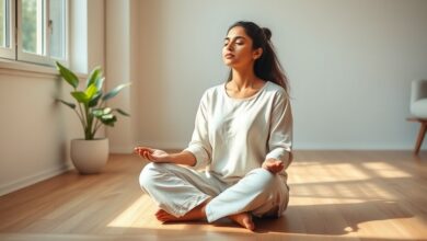 Woman practicing mindfulness for mental health in a calm sunlit room with eyes closed