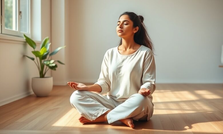 Woman practicing mindfulness for mental health in a calm sunlit room with eyes closed