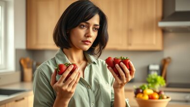 Woman carefully examining fresh produce while considering pesticides lung cancer risk under 50