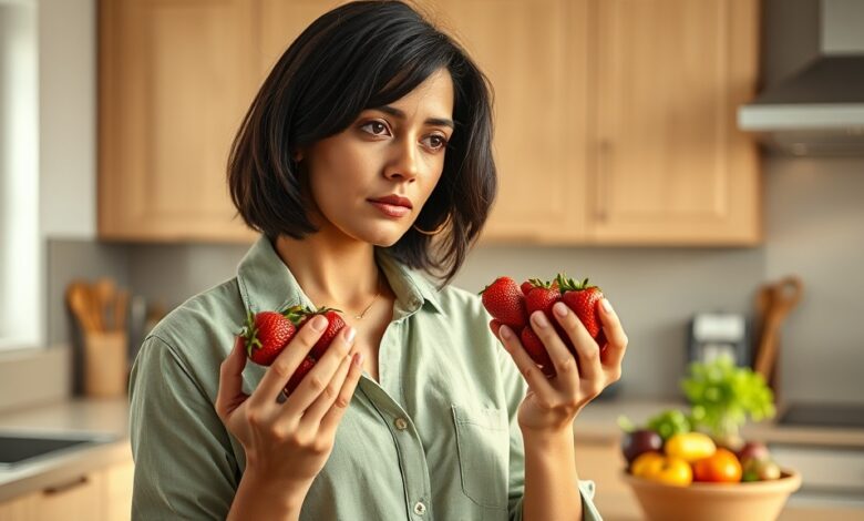 Woman carefully examining fresh produce while considering pesticides lung cancer risk under 50