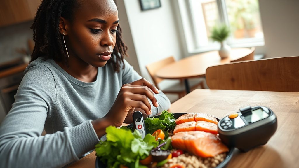Young woman monitoring blood sugar levels beside a balanced anti-inflammatory meal at home