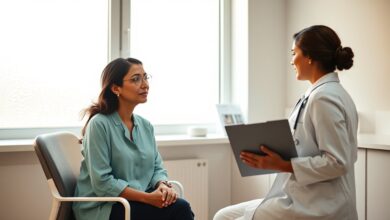 A woman discussing her health with a doctor as experts rename PCOS to PMOS