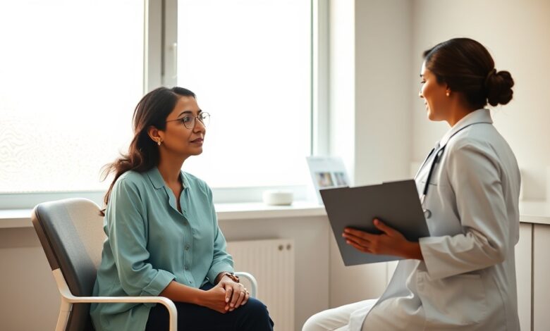 A woman discussing her health with a doctor as experts rename PCOS to PMOS