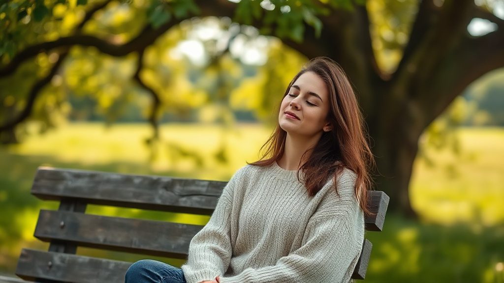 Woman relaxing outdoors on park bench enjoying nature for mental well-being