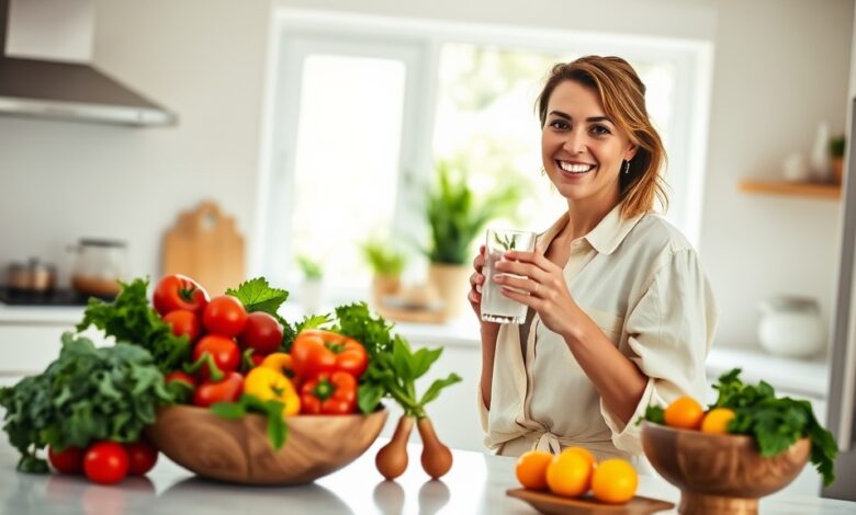 Simple daily habits for healthy living shown by woman drinking water in sunlit kitchen
