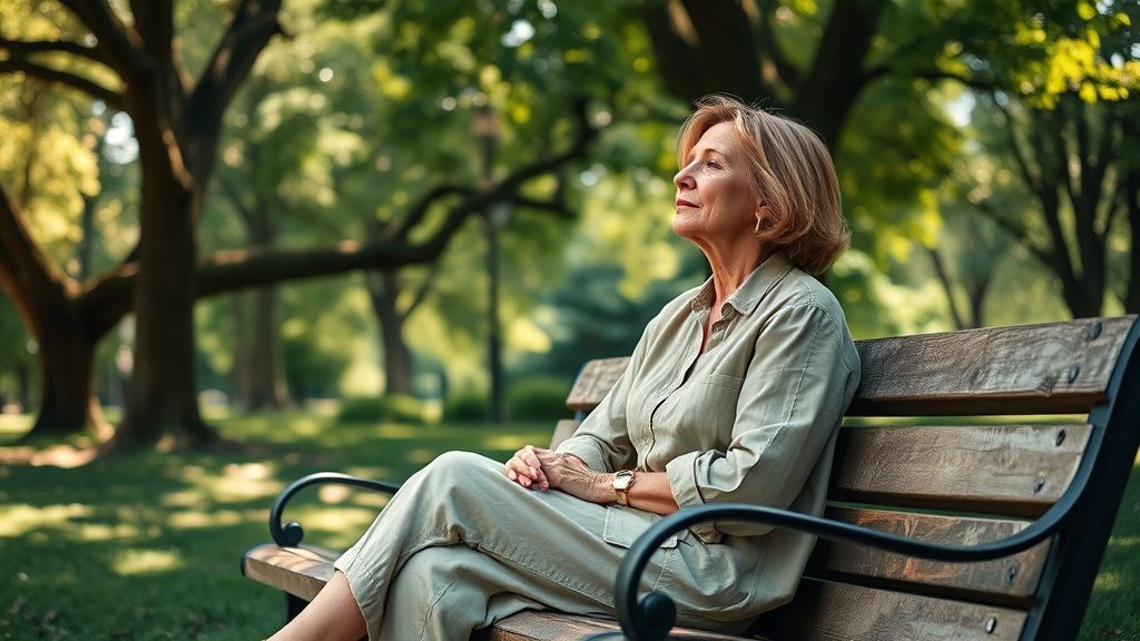 Woman sitting peacefully on a park bench enjoying nature without digital devices