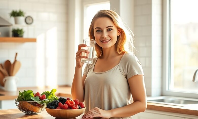 Woman practicing simple daily habits to improve health naturally with morning hydration and whole foods
